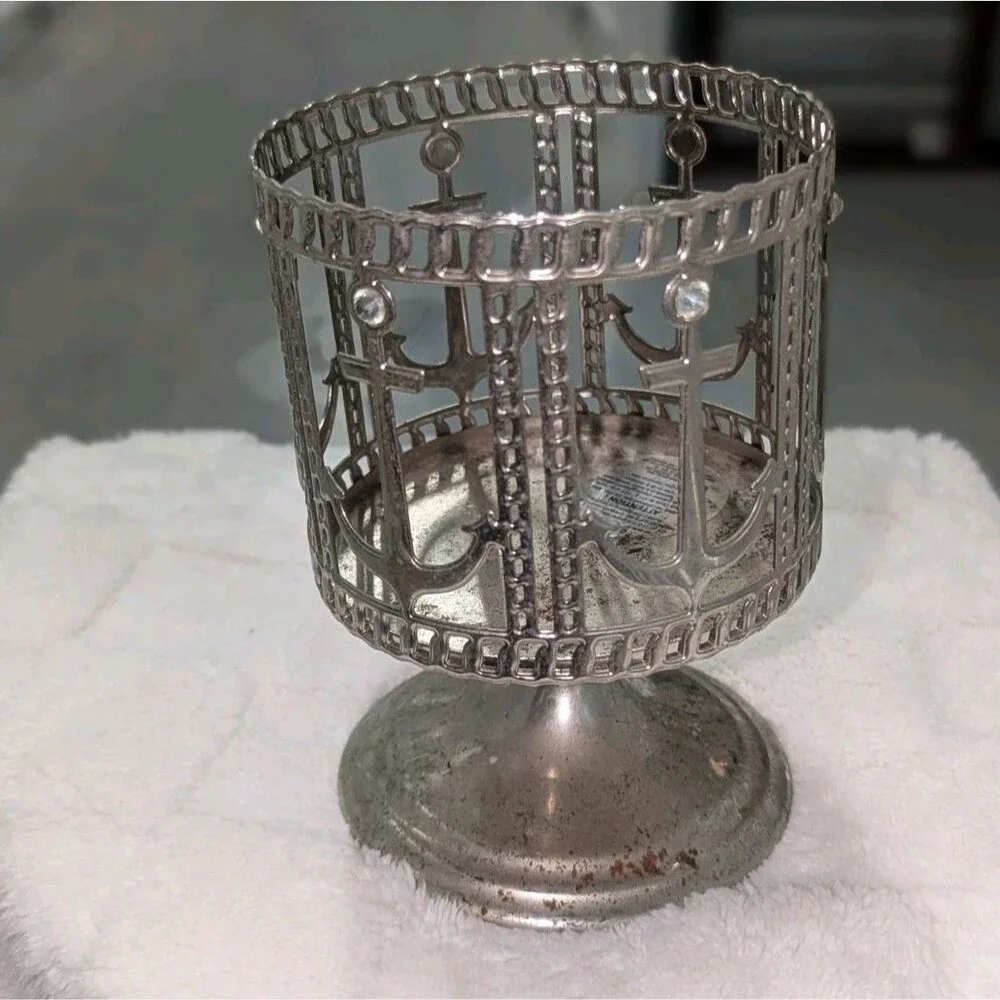 Bath & Body Works Silver 3-Wick Candle Holder Nautical Anchor Pedestal Coastal - Picture 4 of 5